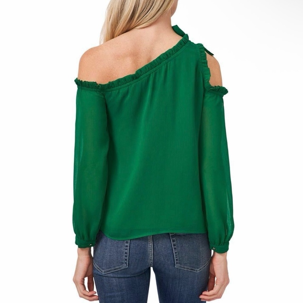 CeCe Green Women's Blouse One Side Cold Shoulder Top Medium - Picture 2 of 7